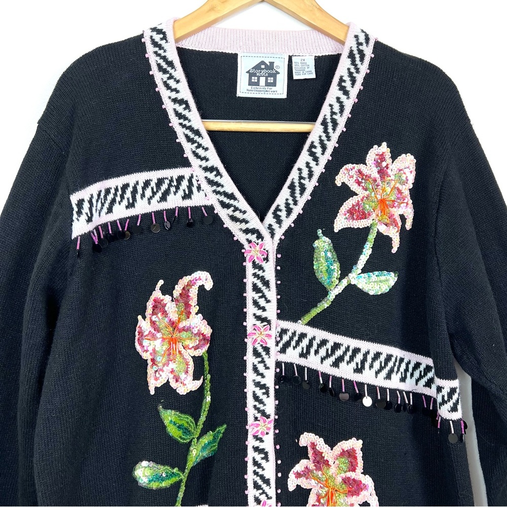 Vintage 90’s Y2K Storybook Knits Lillies Of The Night Sequin Sweater Cardigan - Picture 3 of 16